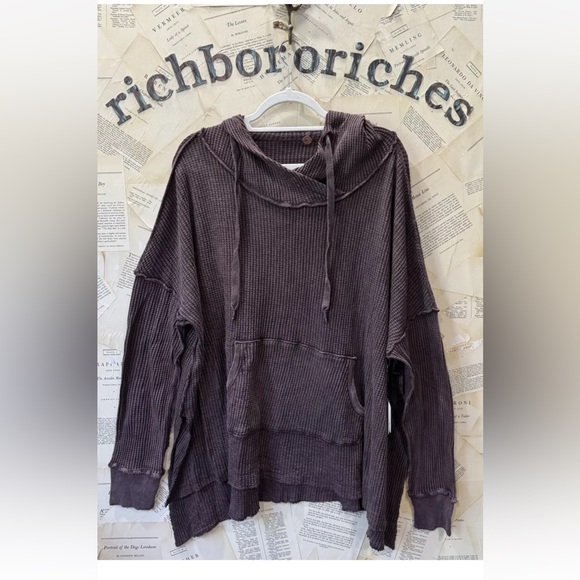 Free People One Gannet Hoodie Waffle Knit Front Pocket Side Slits Brown - Picture 4 of 9